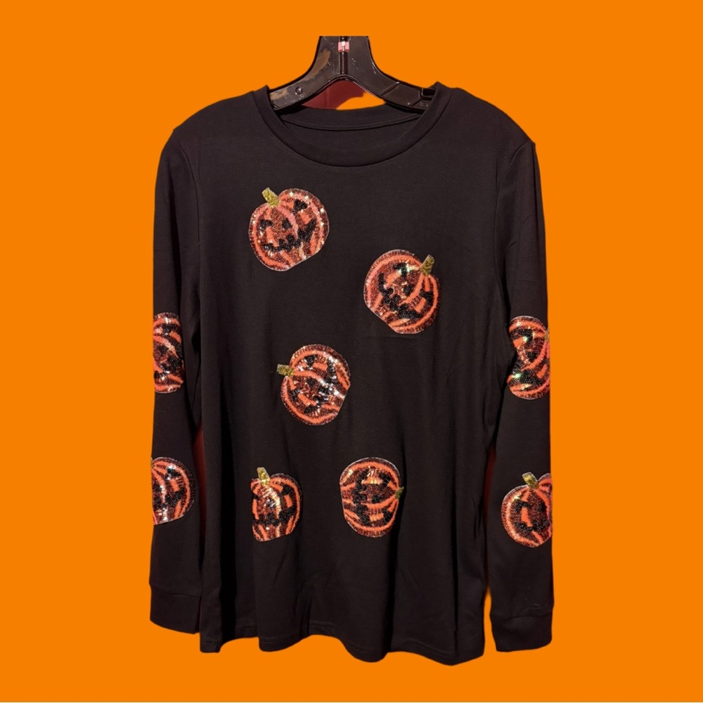 Women’s Halloween sequinPumpkin Shirt - Black and Orange